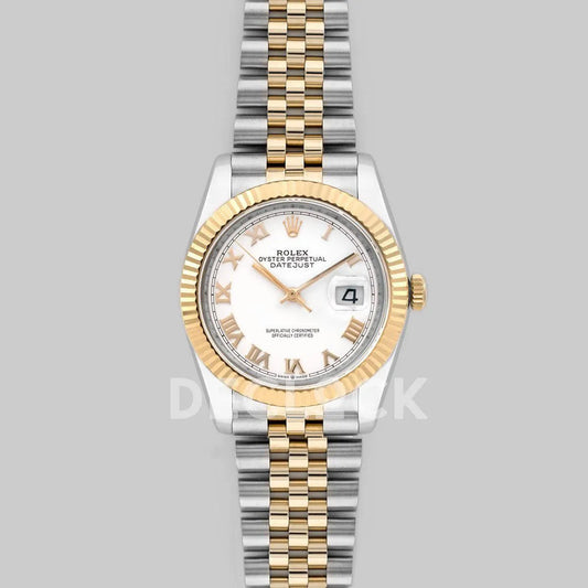 Replica Rolex Datejust 36 126283RBR White Dial in Yellow Gold and Steel with Roman Numerals Markers - Replica Watches