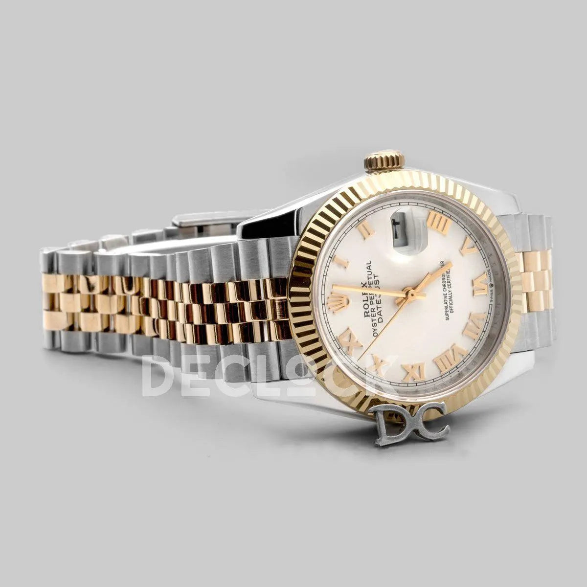 Replica Rolex Datejust 36 126283RBR White Dial in Yellow Gold and Steel with Roman Numerals Markers - Replica Watches