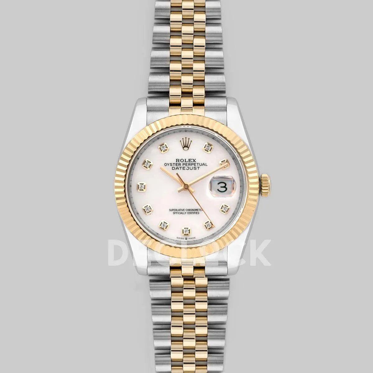 Replica Rolex Datejust 36 126283RBR White MOP Dial in Yellow Gold and Steel with Diamond Markers - Replica Watches