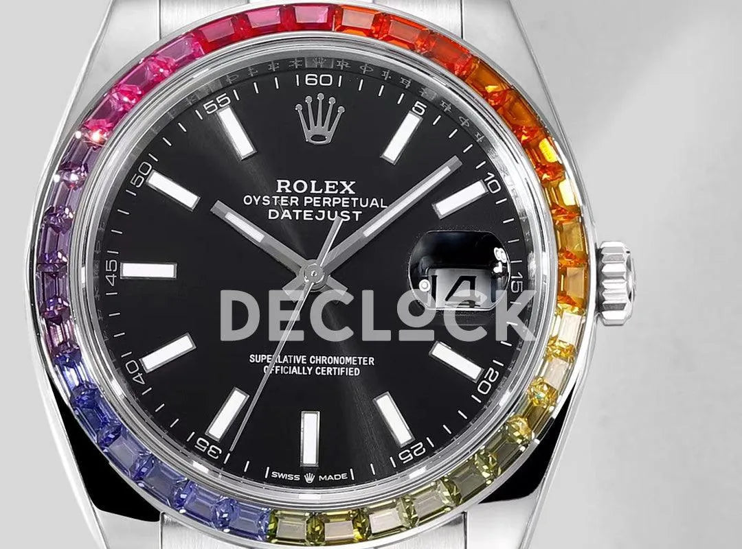 Replica Rolex Datejust 41 Black Dial Rainbow Bezel - Replica Watches