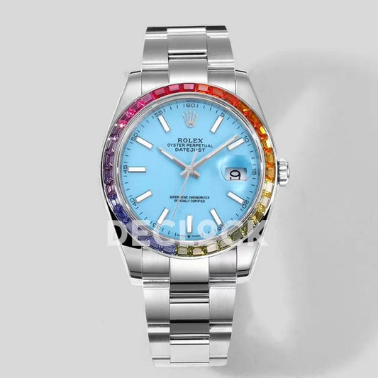 Replica Rolex Datejust 41 Light Blue Dial Rainbow Bezel - Replica Watches