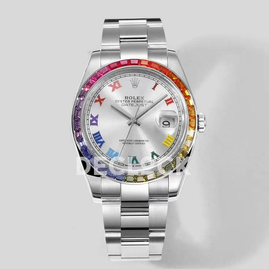 Replica Rolex Datejust 41 Silver Dial Rainbow Bezel - Replica Watches