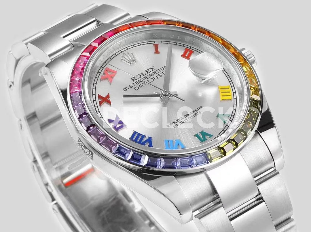 Replica Rolex Datejust 41 Silver Dial Rainbow Bezel - Replica Watches