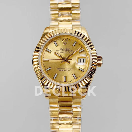 Replica Rolex Ladies Datejust 28 279178 Gold in Presidnet Bracelet with Stick Markers - Replica Watches