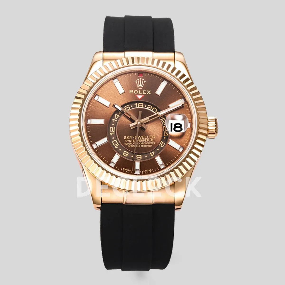 Replica Rolex Sky Dweller Rose Gold in Brown Dial on Black Rubber Strap - Replica Watches