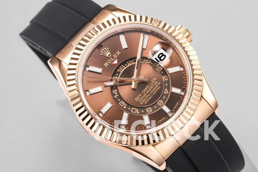 Replica Rolex Sky Dweller Rose Gold in Brown Dial on Black Rubber Strap - Replica Watches