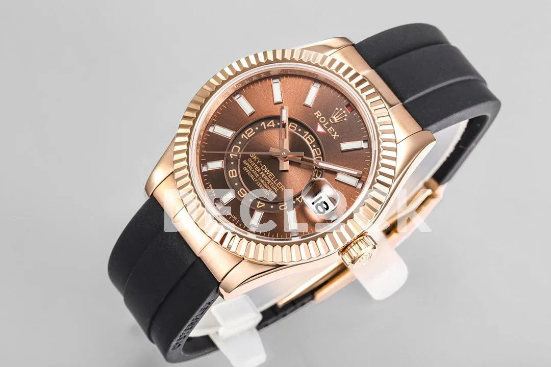 Replica Rolex Sky Dweller Rose Gold in Brown Dial on Black Rubber Strap - Replica Watches