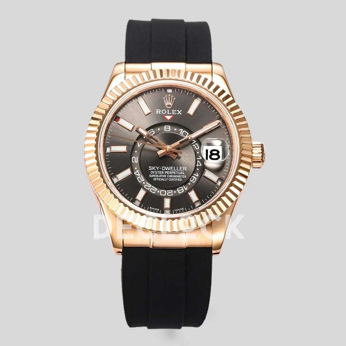 Replica Rolex Sky Dweller Rose Gold in Gray Dial on Black Rubber Strap - Replica Watches