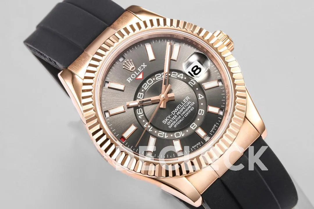 Replica Rolex Sky Dweller Rose Gold in Gray Dial on Black Rubber Strap - Replica Watches