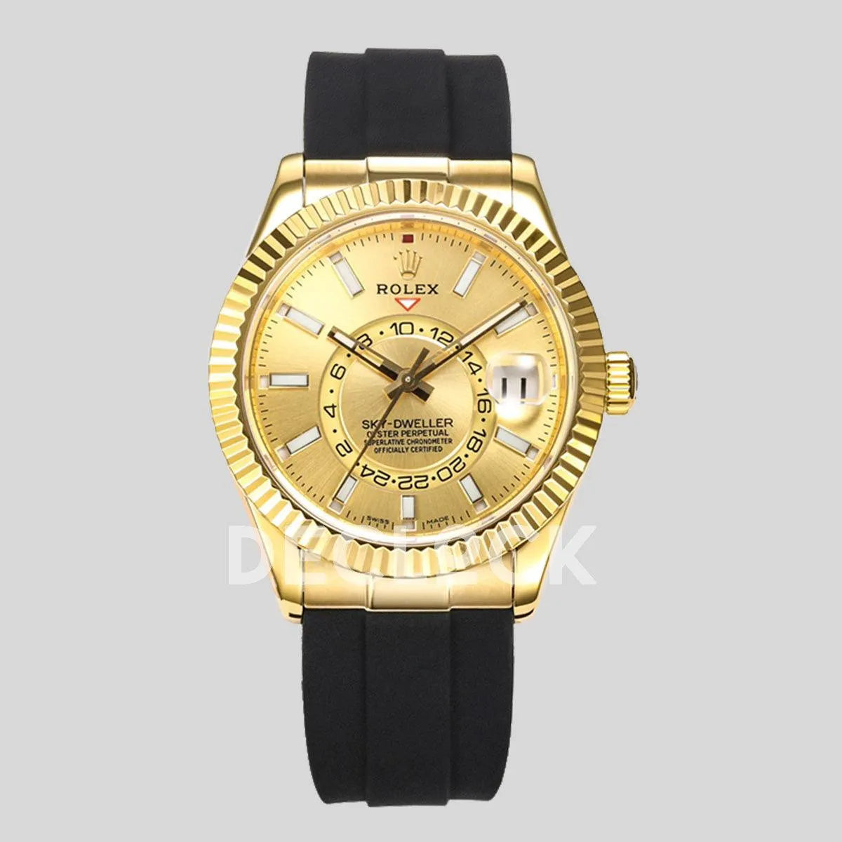 Replica Rolex Sky Dweller Yellow Gold in Gold Dial on Black Rubber Strap - Replica Watches