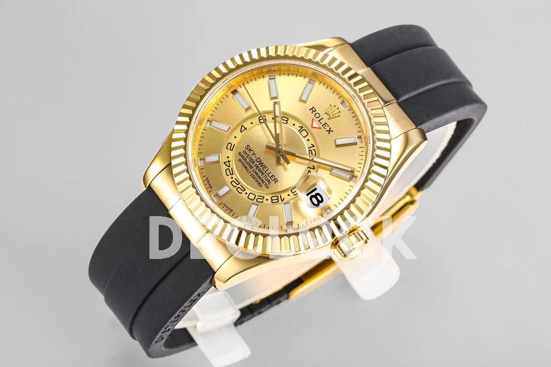 Replica Rolex Sky Dweller Yellow Gold in Gold Dial on Black Rubber Strap - Replica Watches