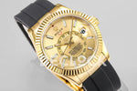 Replica Rolex Sky Dweller Yellow Gold in Gold Dial on Black Rubber Strap - Replica Watches