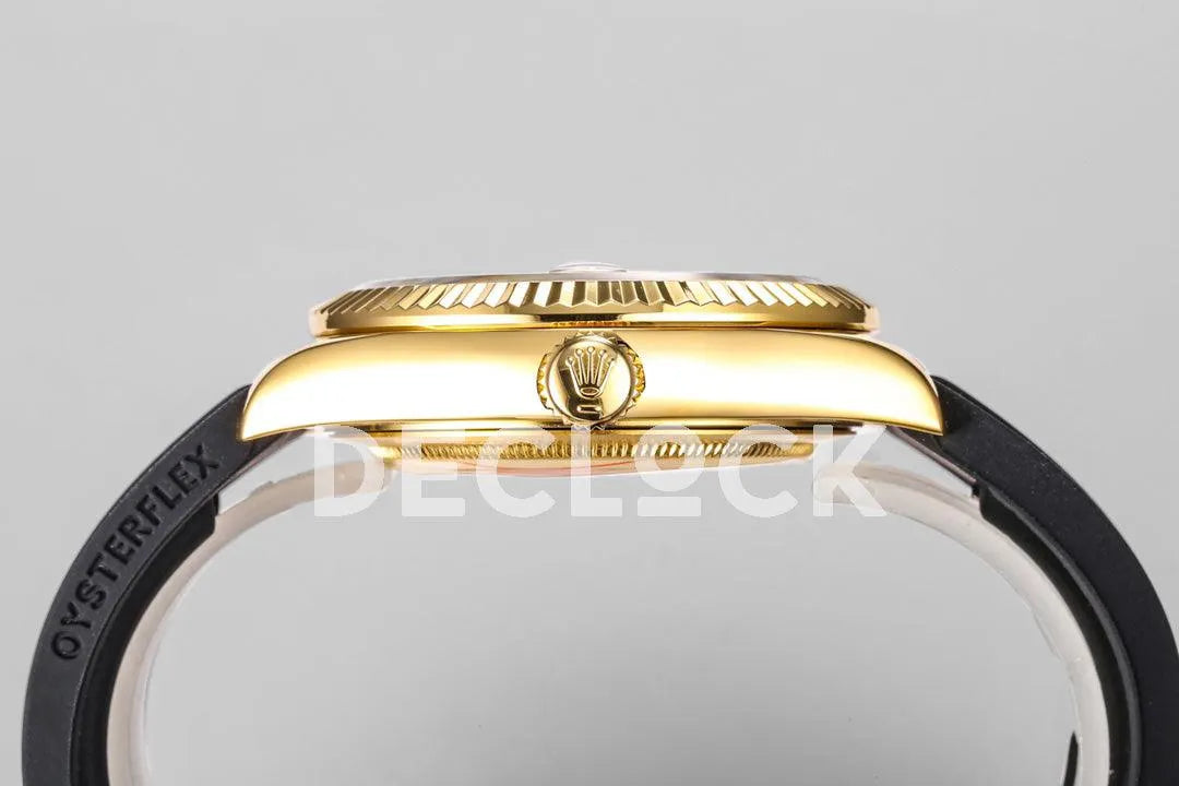 Replica Rolex Sky Dweller Yellow Gold in Gold Dial on Black Rubber Strap - Replica Watches