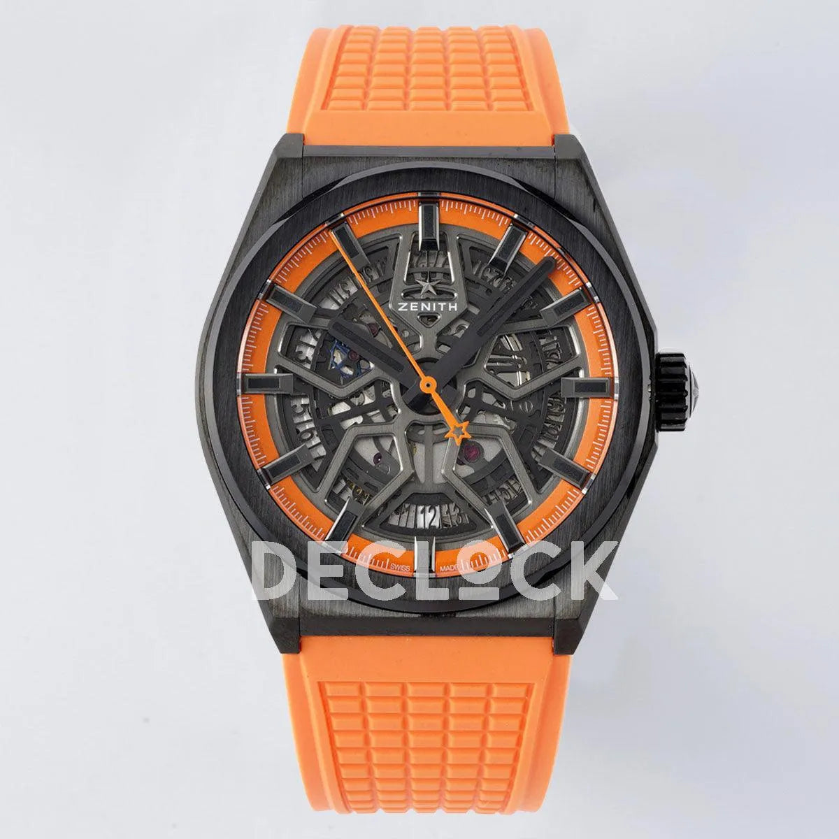 Replica Zenith Defy Classic Skeleton Black Bezel on Orange Rubber Strap - Replica Watches