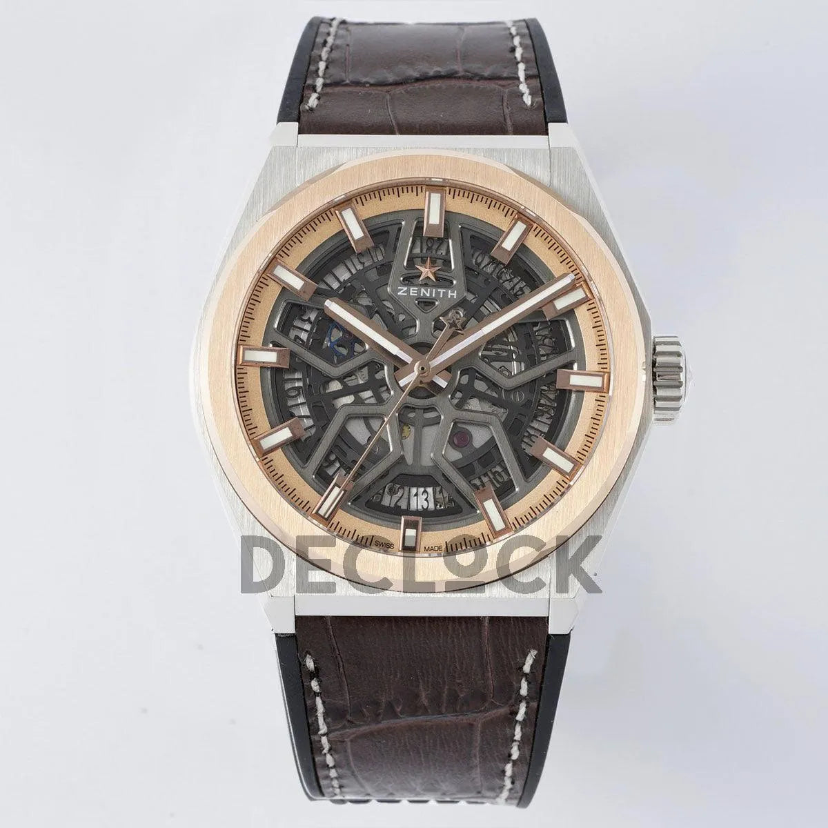 Replica Zenith Defy Classic Skeleton Rose Gold Bezel on Brown Leather Strap - Replica Watches