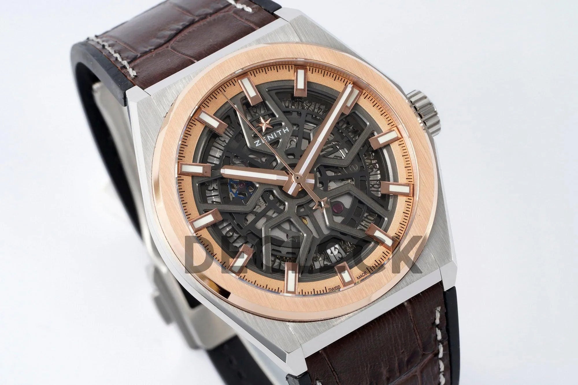 Replica Zenith Defy Classic Skeleton Rose Gold Bezel on Brown Leather Strap - Replica Watches